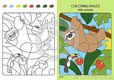 Coloring book for children: cute sloth in the jungle. Vector illustration coloring pages Vector Illustration