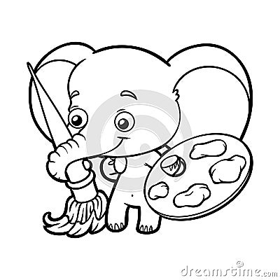 Coloring book, elephant with paints and a brush Vector Illustration