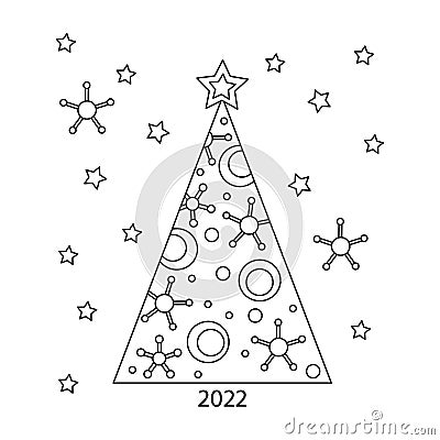 2022. Coloring book for children . Festive decorated Christmas tree and stars. Vector Illustration