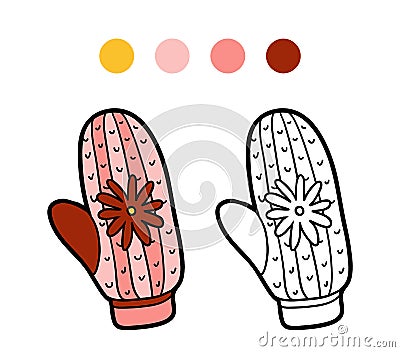 Coloring book for children, knitted mitten with flower Vector Illustration