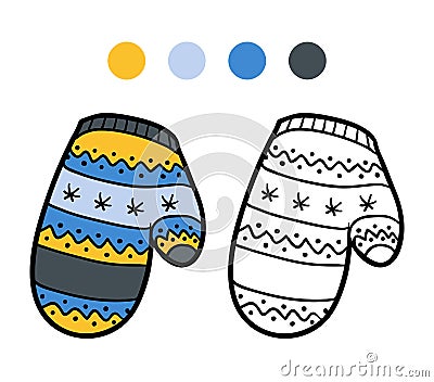 Coloring book for children, knitted mitten with winter pattern Vector Illustration