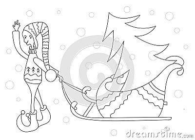 Coloring book for children. New Year theme. Leprechaun Christmas tree. Linear black and white drawing Vector Illustration