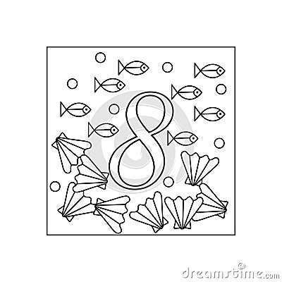 Coloring book for children, numbers. Eight. Education and entertainment. Underwater world. Vector Illustration