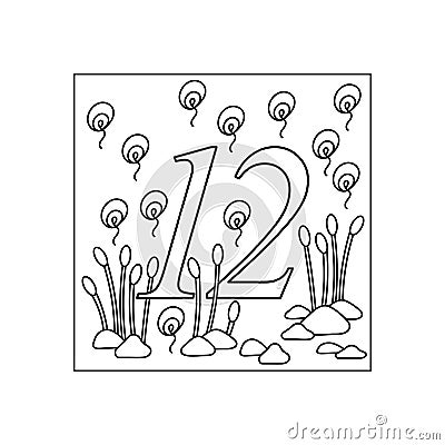 Coloring book for children, numbers. Twelve. Education and entertainment. Underwater world. Vector Illustration