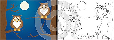 Coloring book for children. Owls on branches of trees at night Vector Illustration