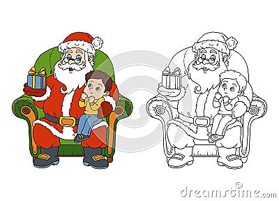 Coloring book for children: Santa Claus gives a gift a little boy Vector Illustration