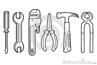 Black and white set of instruments - Hammer, Wrench, Screwdriver, Pliers, Pincers Vector Illustration