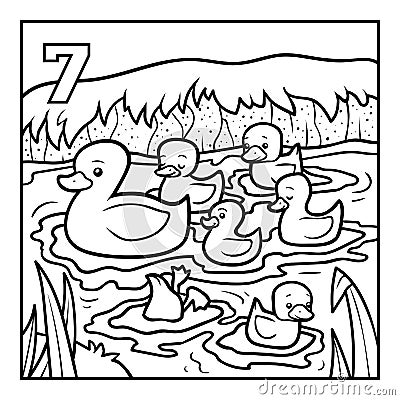 Coloring book, Seven ducks Vector Illustration