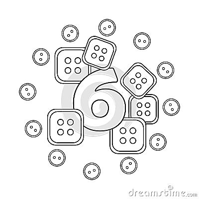 Coloring book for children. Six . Numbers. Buttons, needlework. Learning and playing. Vector Illustration