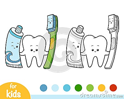 Coloring book, Tooth and toothbrush and toothpaste Vector Illustration