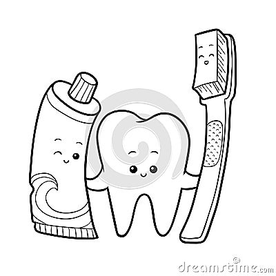 Coloring book, Tooth and toothbrush and toothpaste Vector Illustration