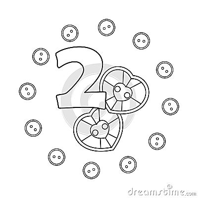 Coloring book for children. Two. Numbers. Buttons, needlework. Learning and playing. Vector Illustration