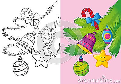 Coloring Book Of Christmas Decoration On The Branch Cartoon Illustration