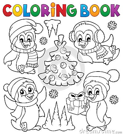 Coloring book Christmas penguins 1 Vector Illustration