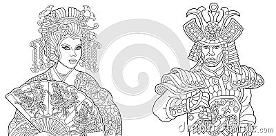 Japanese geisha and samurai with katana Vector Illustration