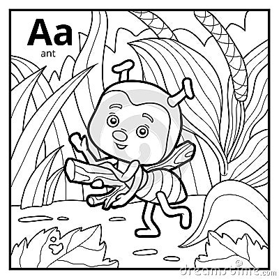 Coloring book, colorless alphabet. Letter A, ant Vector Illustration