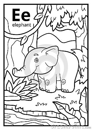 Coloring book, colorless alphabet. Letter E, elephant Vector Illustration