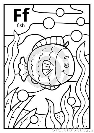 Coloring book, colorless alphabet. Letter F, fish Vector Illustration