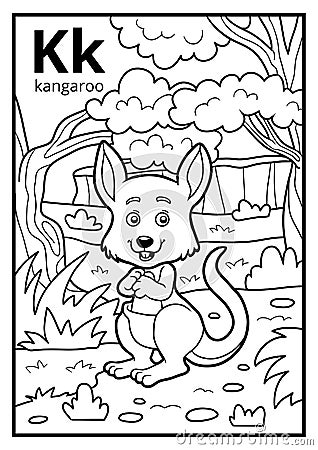 Coloring book, colorless alphabet. Letter K, kangaroo Vector Illustration