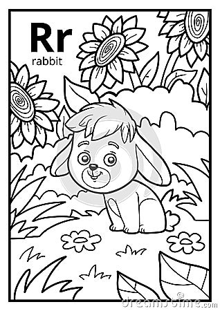Coloring book, colorless alphabet. Letter R, rabbit Vector Illustration