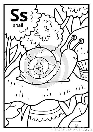 Coloring book, colorless alphabet. Letter S, snail Vector Illustration