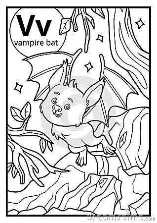 Coloring book, colorless alphabet. Letter V, vampire bat Vector Illustration