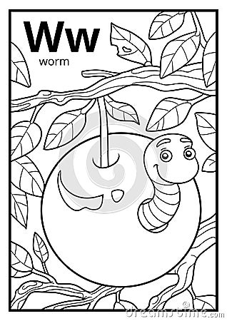 Coloring book, colorless alphabet. Letter W, worm Vector Illustration