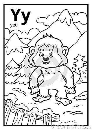 Coloring book, colorless alphabet. Letter Y, yeti Vector Illustration