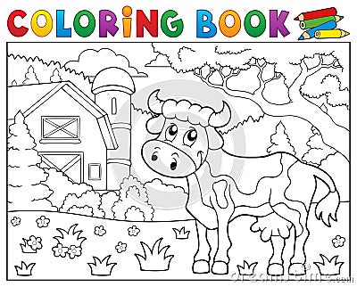 Coloring book cow near farm theme 1 Vector Illustration