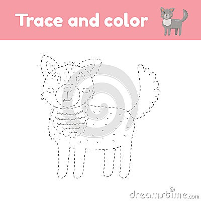 Coloring book with cute animal a wolf. For kids kindergarten, preschool and school age. Trace worksheet. Development of Cartoon Illustration