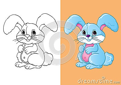 Coloring Book Of Cute Blue Little Hare Cartoon Illustration