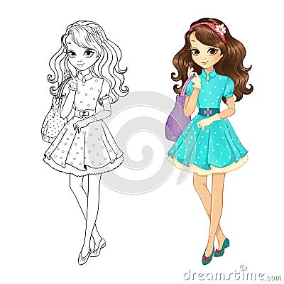 Coloring Book Of Cute Brunette Vector Illustration