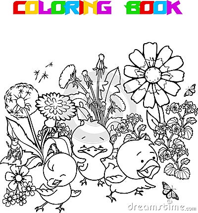 Coloring book with cute chickens and flowers Vector Illustration