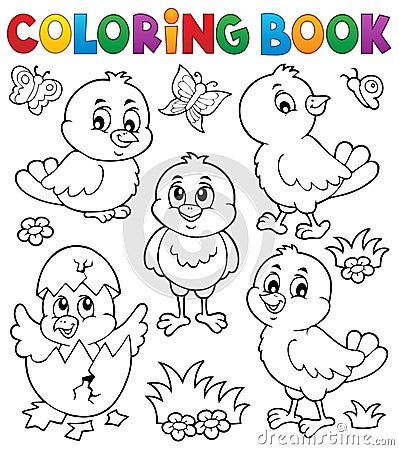 Coloring book cute chickens topic set 1 Vector Illustration