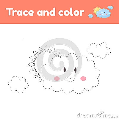 Coloring book with cute cloud. For kids kindergarten, preschool and school age. Trace worksheet. Development of fine motor skills Vector Illustration