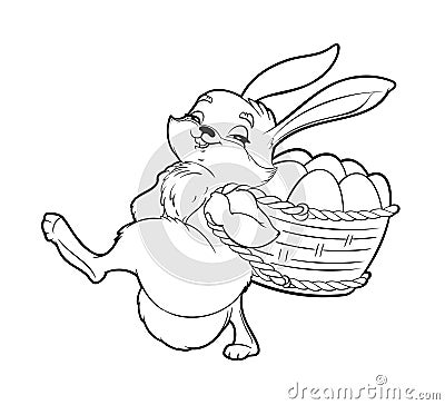 Coloring book Cute Easter bunny carries behind a basket with painted Easter eggs. Vector illustration in flat cartoon Vector Illustration