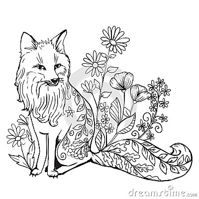 Anti-stress coloring book with a Fox on a floral glade Vector Illustration