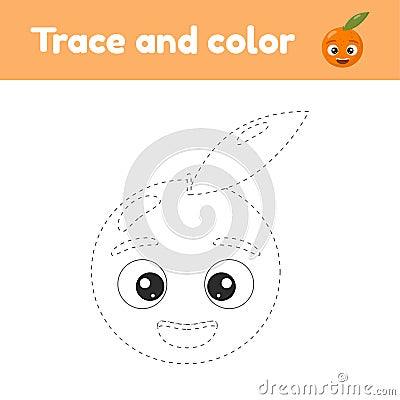 Coloring book with cute fruit orange. For kids kindergarten, preschool and school age. Trace worksheet. Development of fine motor Vector Illustration