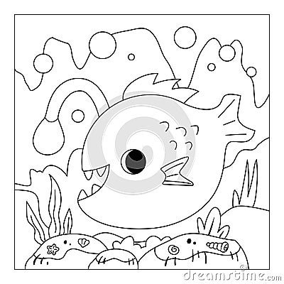 Coloring book, Cute monkfish and underwater cave background Vector Illustration