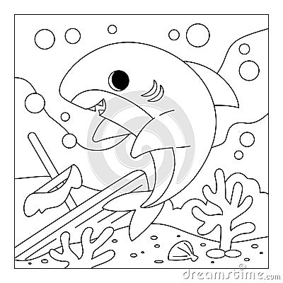 Coloring book, Cute shark and sunken ship background Vector Illustration