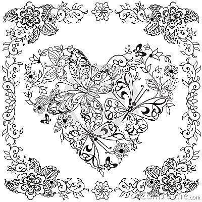 Coloring book Decorative heart of flowers and butterflies in floral frame.Vector illustration. Vector Illustration