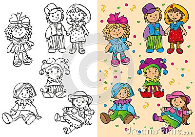 Coloring Book Of Different Cute Dolls Cartoon Illustration