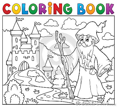 Coloring book druid near castle Vector Illustration