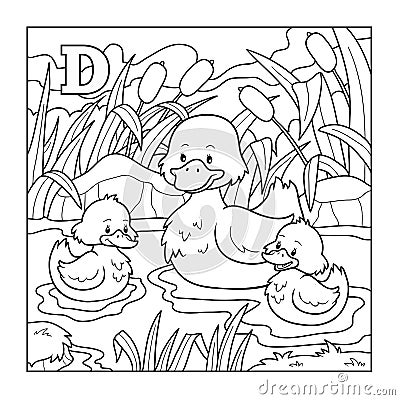 Coloring book (duck), colorless illustration (letter D) Vector Illustration
