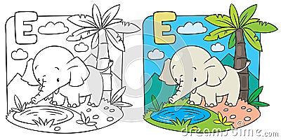 Coloring book of elephant. Alphabet D Vector Illustration