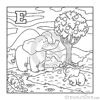 Coloring book (elephant), colorless alphabet for children: letter E Vector Illustration