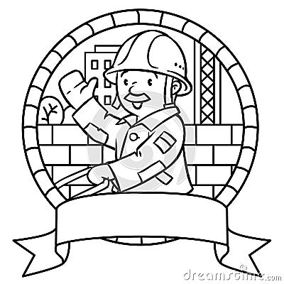 Coloring book or emblem of funny worker with cart Vector Illustration