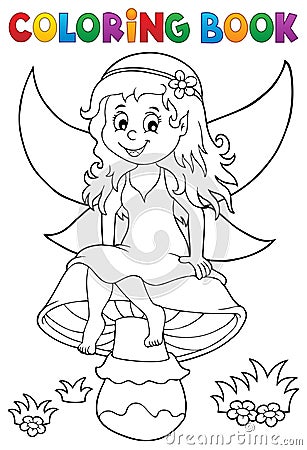 Coloring book fairy sitting on mushroom Vector Illustration