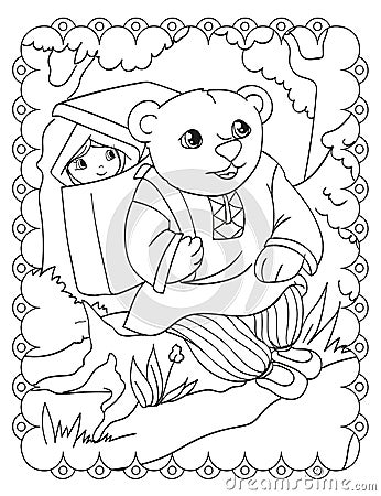 Coloring Book Fairy Tale Of Bear Carries Girl Vector Illustration