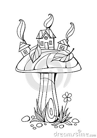 Coloring book with fairy town - houses on mushroom. Vector illustration Vector Illustration